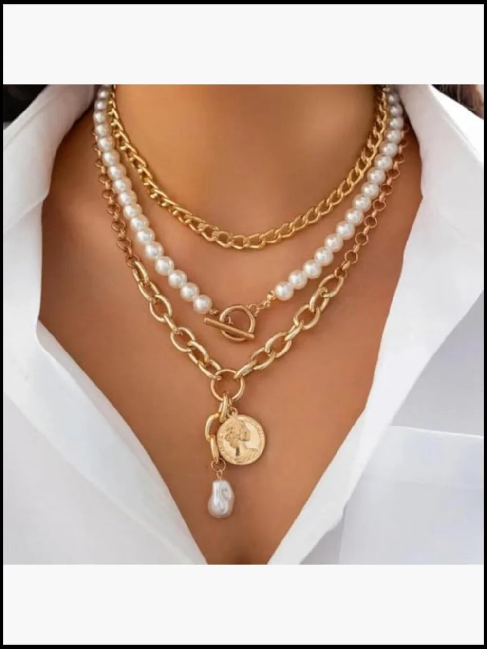 3Pcs Dainty Pearl Coin Pendant Necklace Set Gold Plated Stackable Layered OT